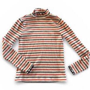 J. Crew Red Navy White Striped Ruffle Ribbed Mock Neck Long Sleeve Turtleneck